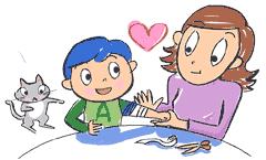 写真:女性が男の子の腕に包帯を巻いている